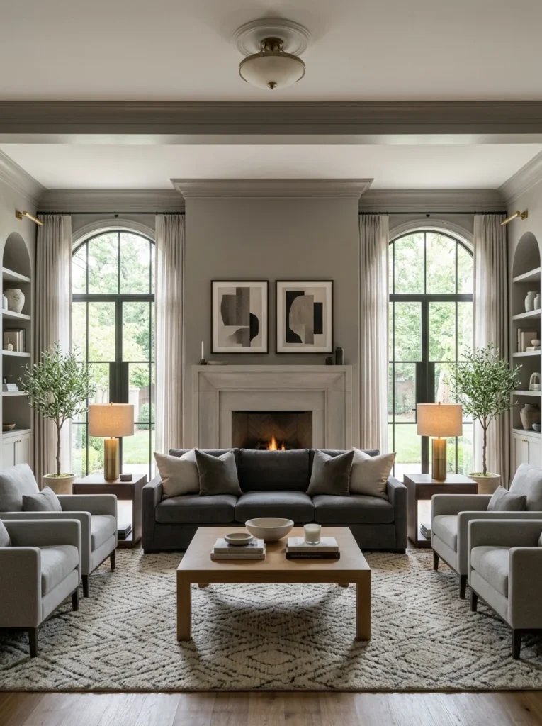 Symmetrical living room layout with balanced furniture arrangement.