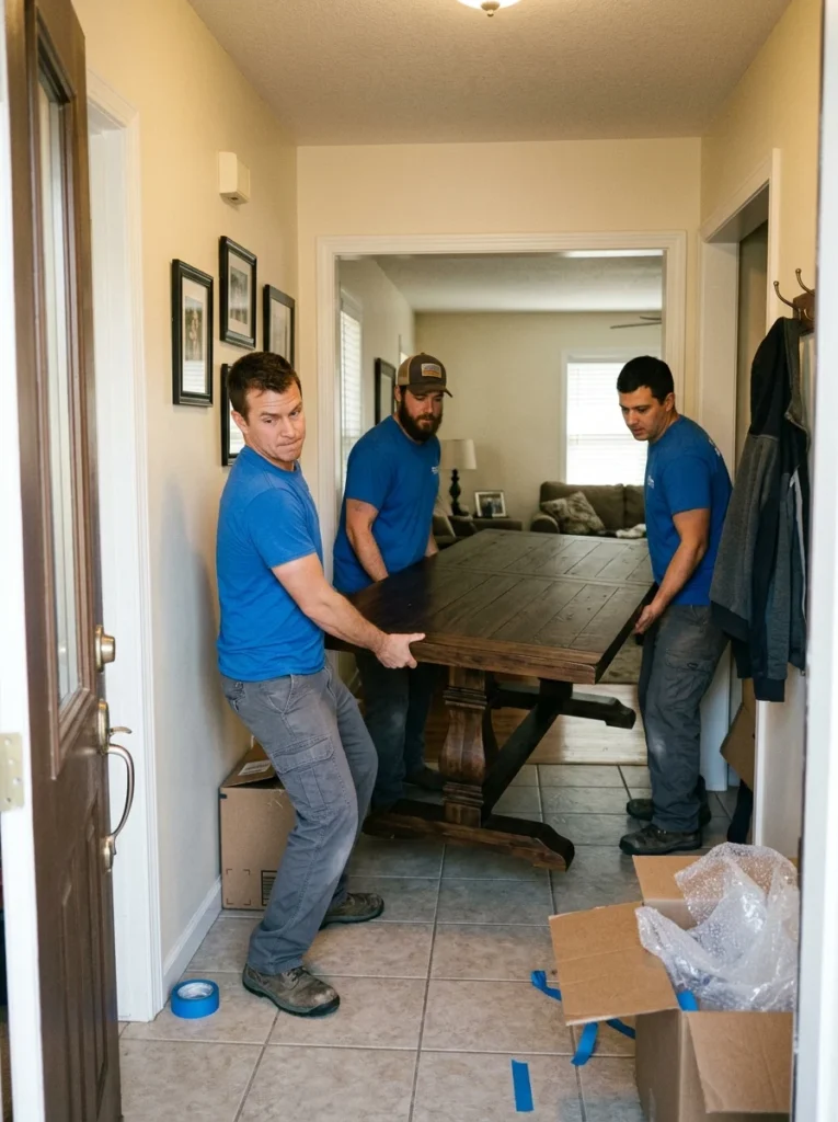 Dining table delivery through hallway before setup in dining room.