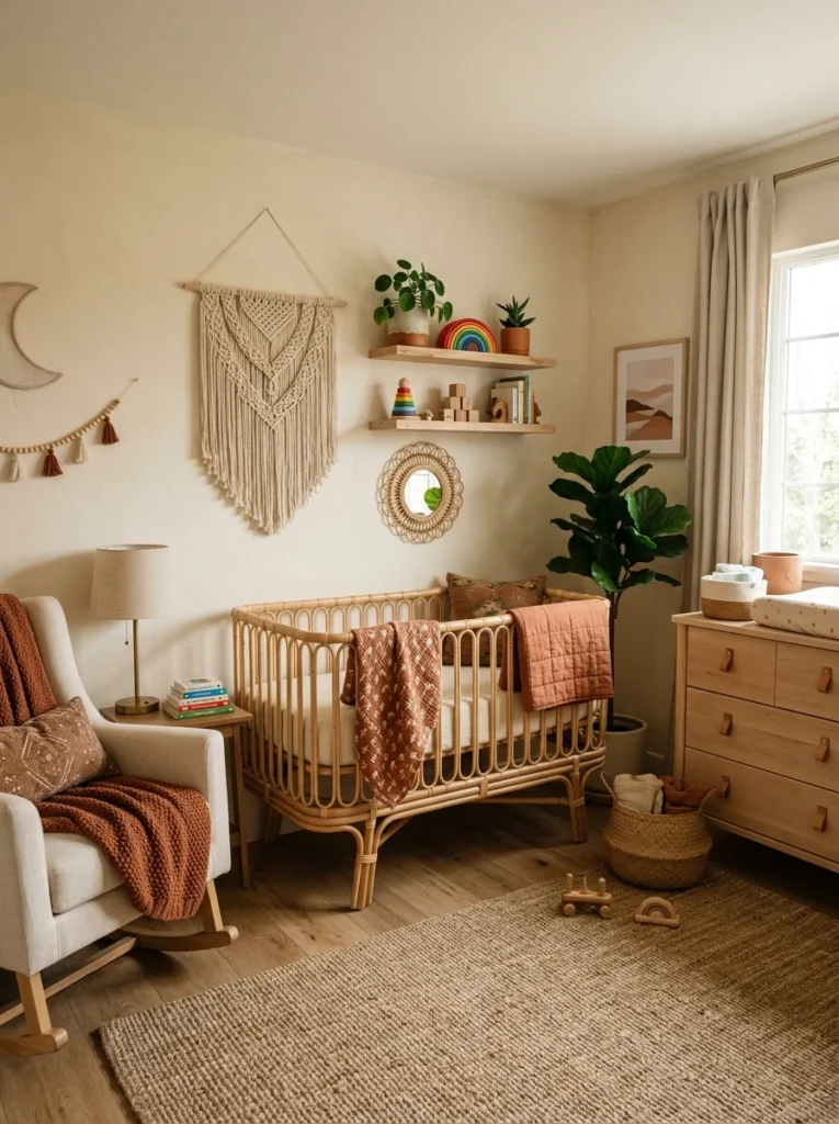 Earthy terracotta nursery with boho decor and warm natural textures.