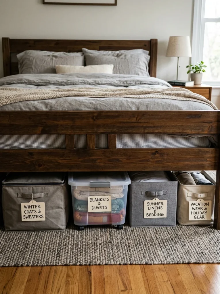 Under-bed storage boxes neatly organizing seasonal items in bedroom.