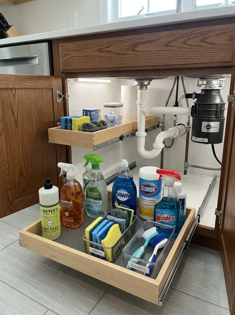 Under-sink pull-out organizers maximizing difficult cabinet space.