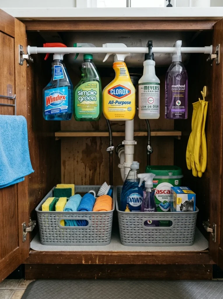 Spray bottles hanging from tension rod inside under-sink cabinet.