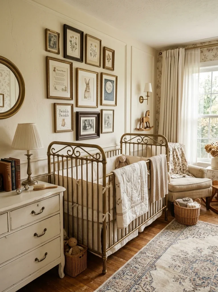 Vintage gender-neutral nursery with elegant antique-inspired decor.