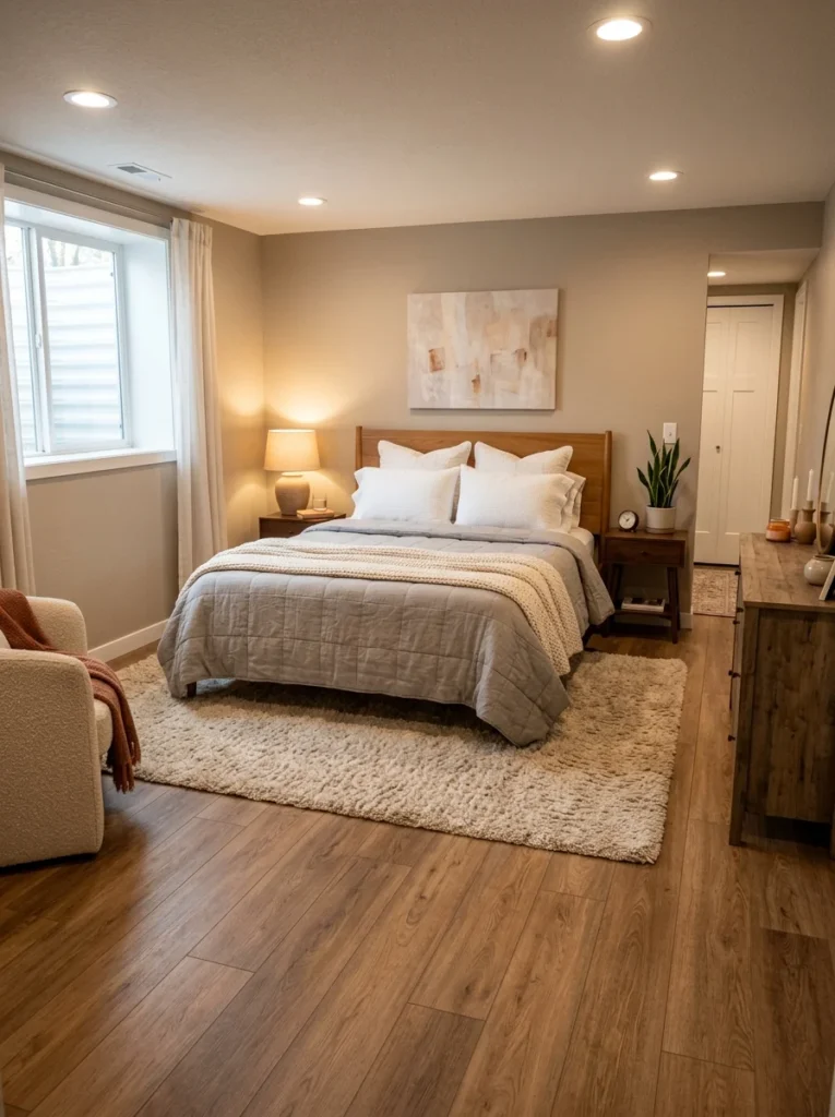 Warm basement bedroom flooring with luxury vinyl planks and thick cozy rug.