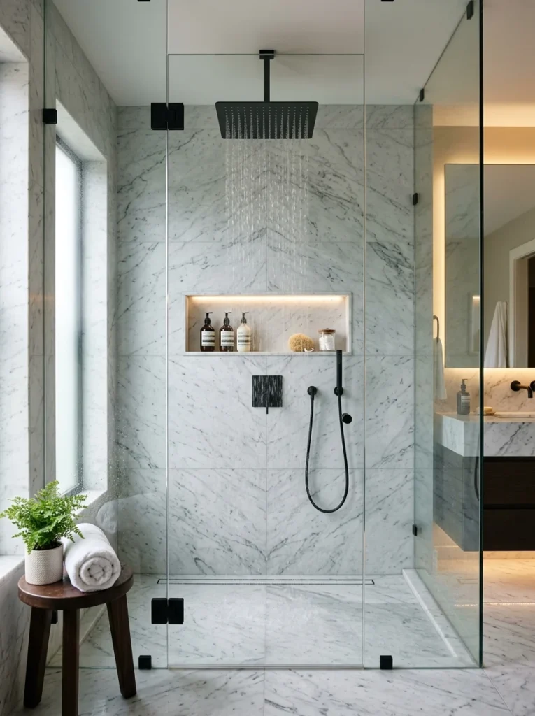 Walk-in shower with rainfall shower head and built-in shower niche.