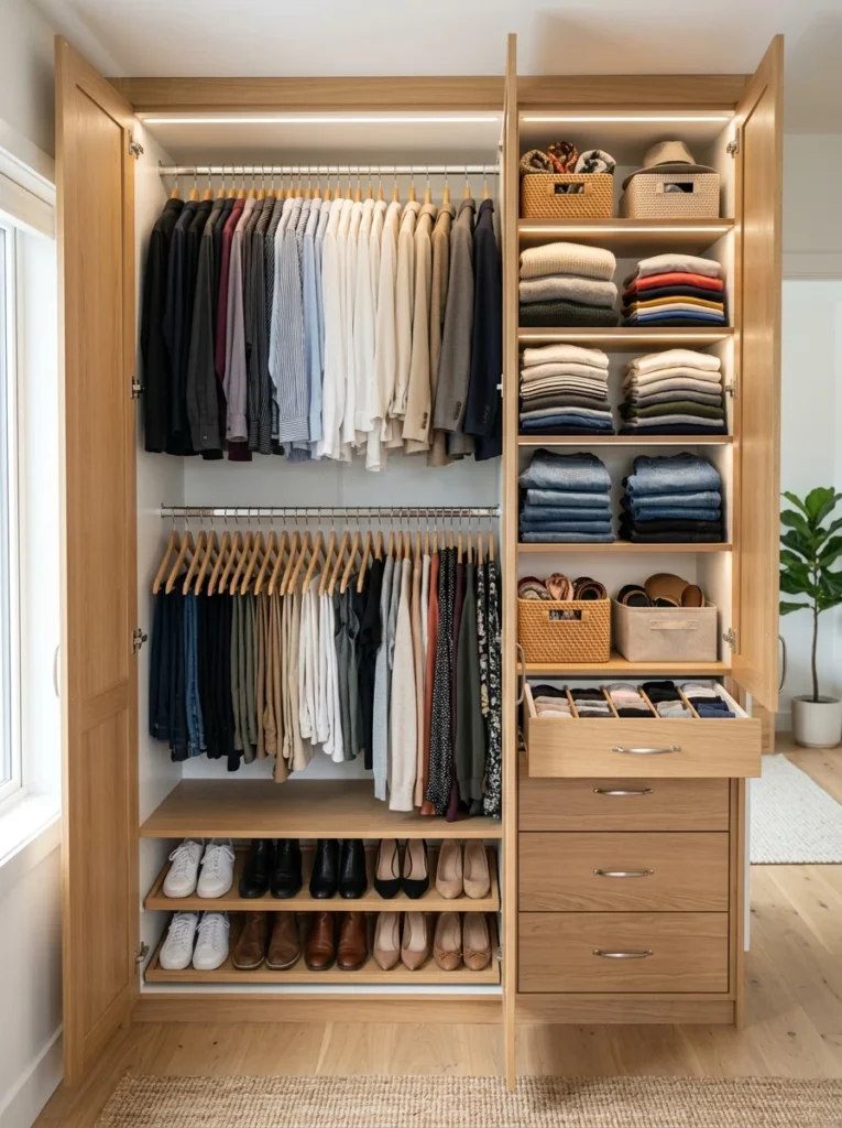 Well-organized wardrobe interior with shelves, rails, and drawer storage.