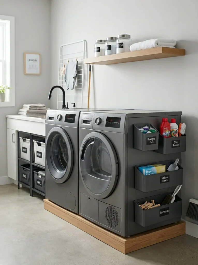 Magnetic storage bins attached to washing machine for laundry accessories.