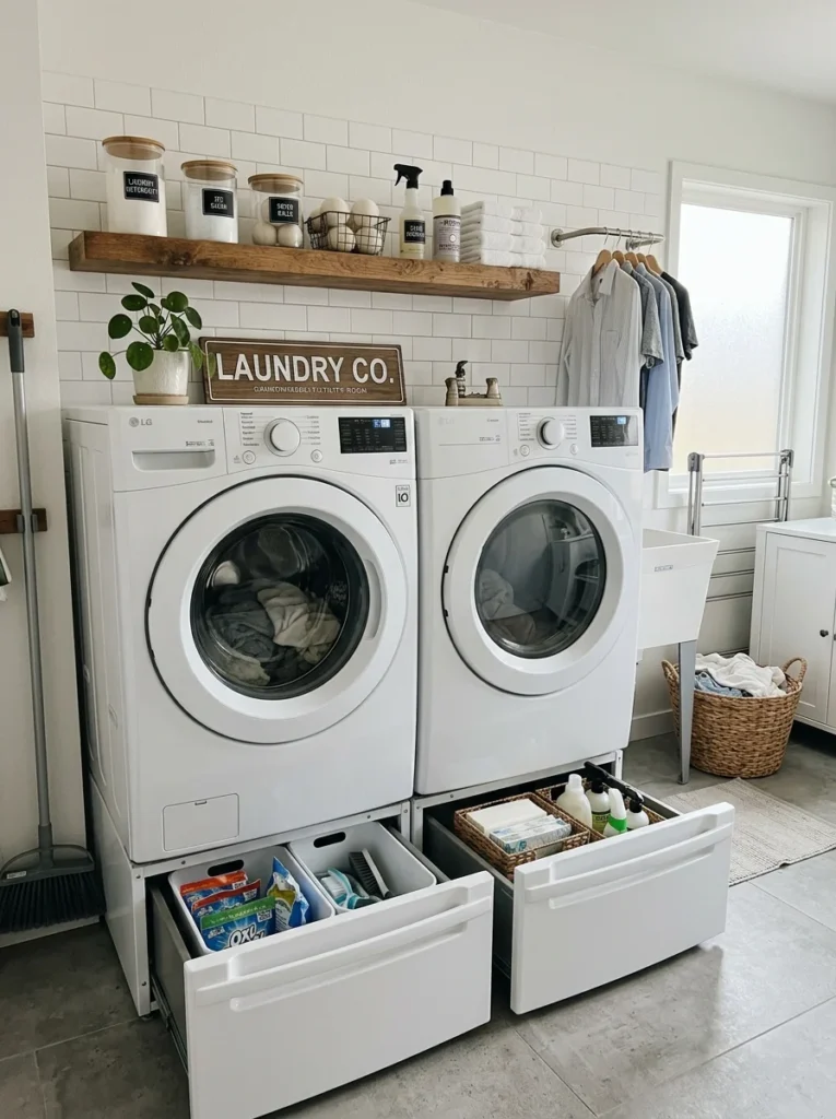 Storage pedestal drawers under front-load washer and dryer.