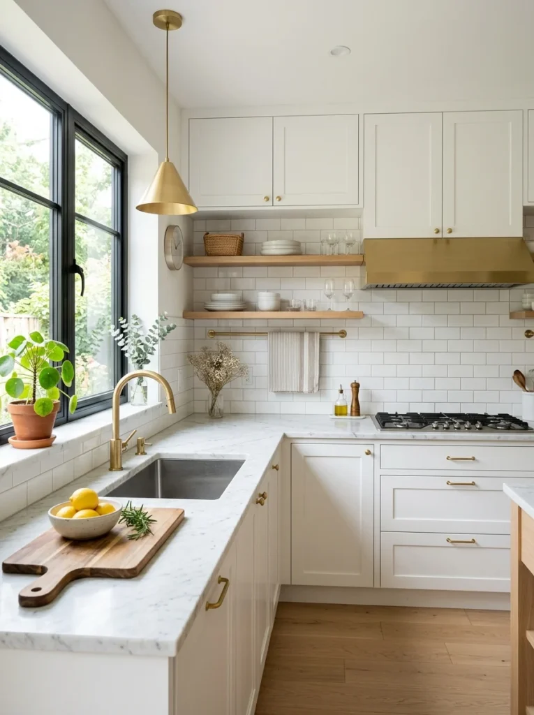 White kitchen cabinets with marble countertops and brass hardware.