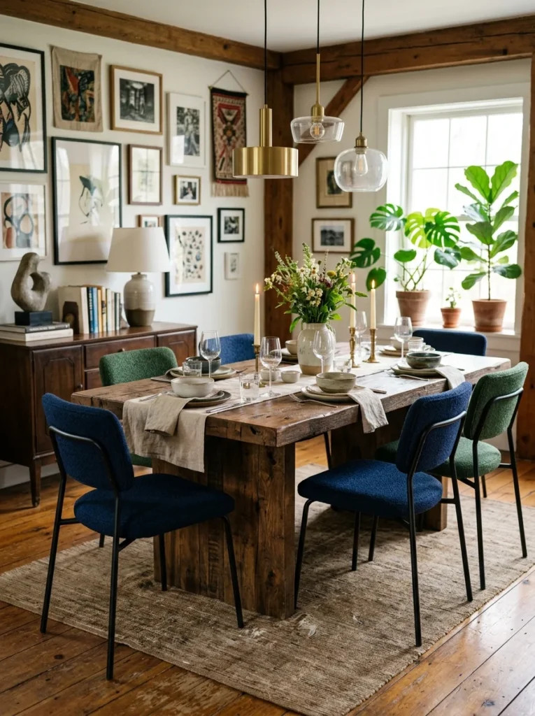 Mixed-style dining room with rustic table and modern upholstered chairs.