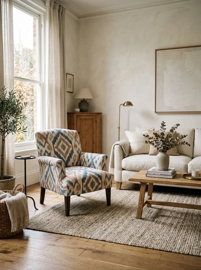 Bold ikat-patterned accent chair creating a focal point in a neutral room.