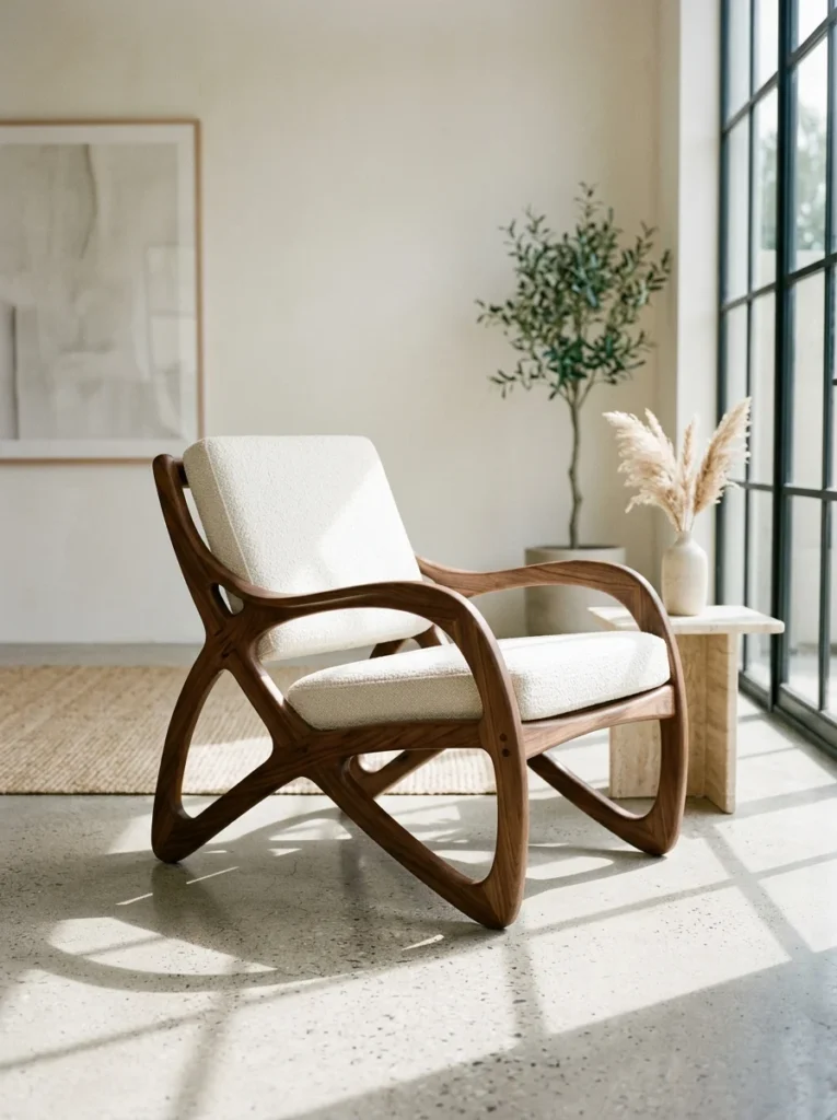 Sculptural accent chair with an exposed curved wooden architectural frame.