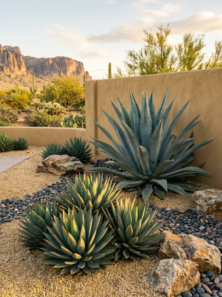 Blue and large agave plants used as architectural accents in desert landscaping.