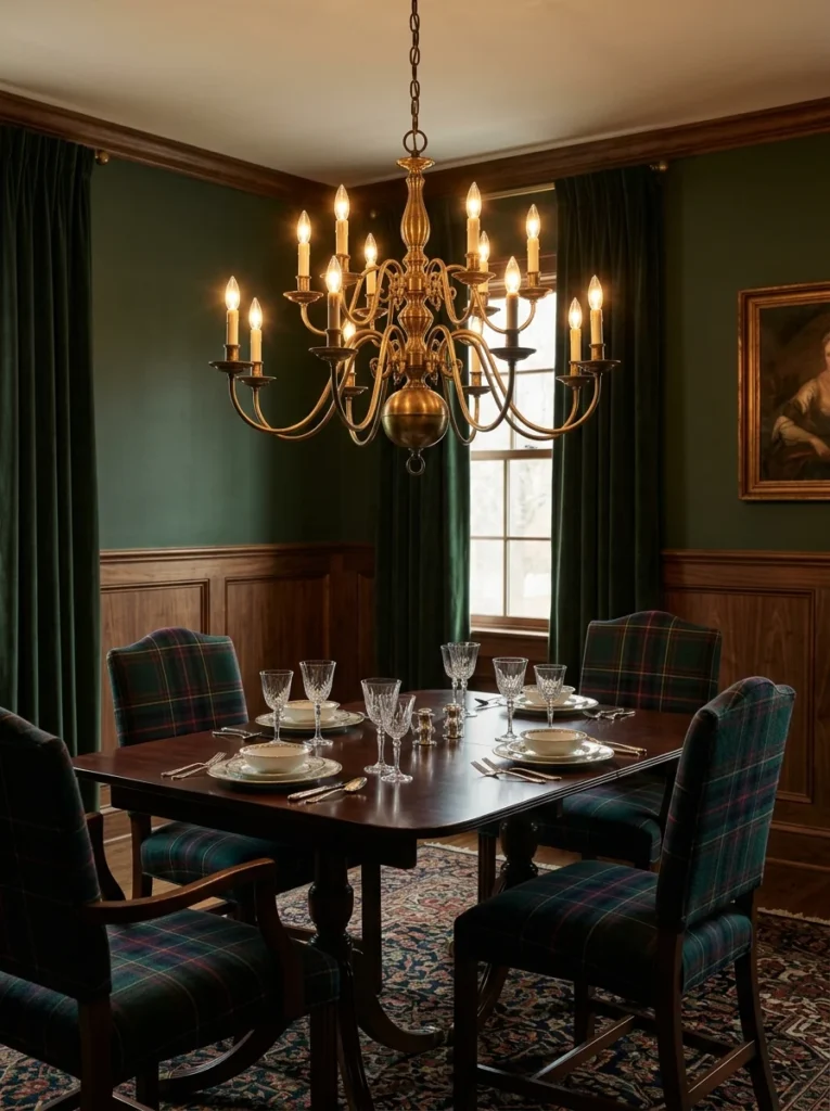 Large antique brass chandelier with candle-style bulbs above a traditional mahogany dining table.