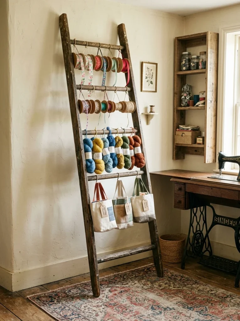 Old wooden ladder repurposed for ribbon, yarn, and craft project storage.