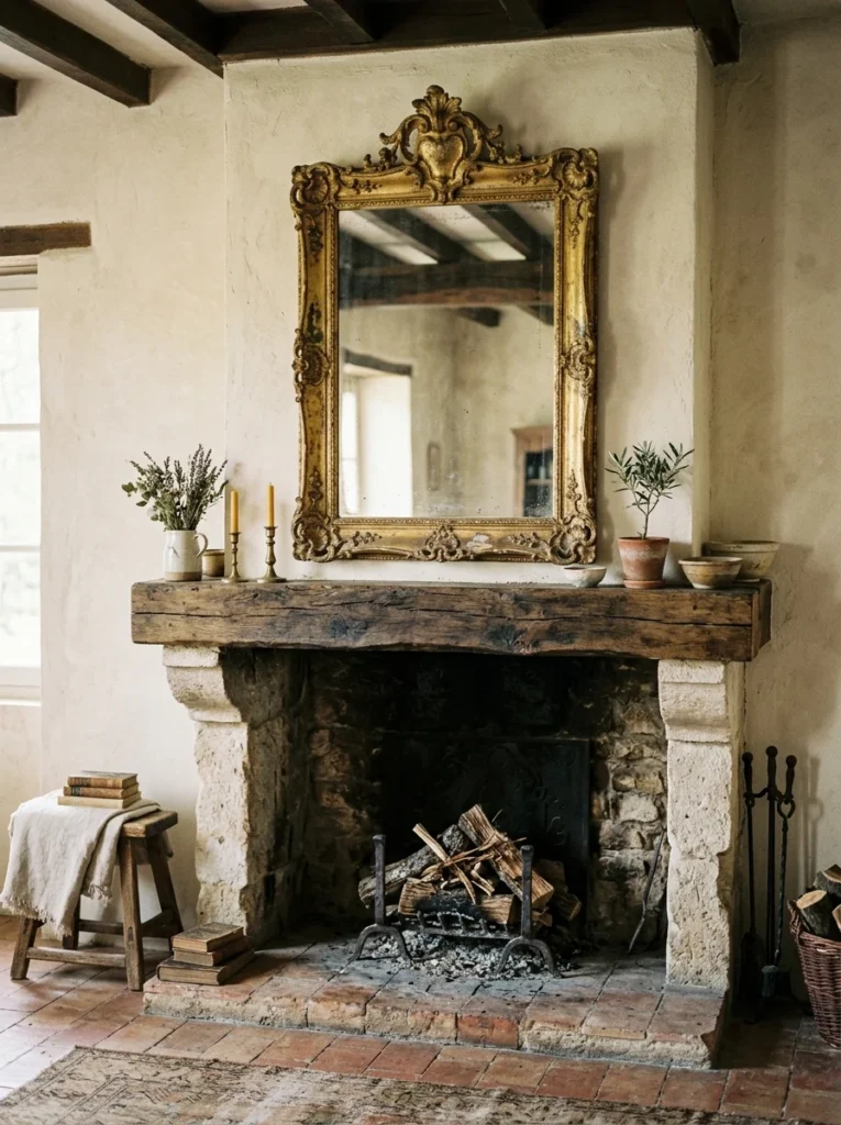 Layered vintage and neutral rugs adding warmth to a French country living room.