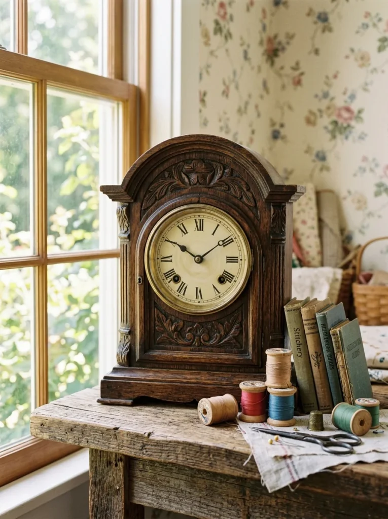 Antique wind-up clock adding functional vintage decor to a craft room.