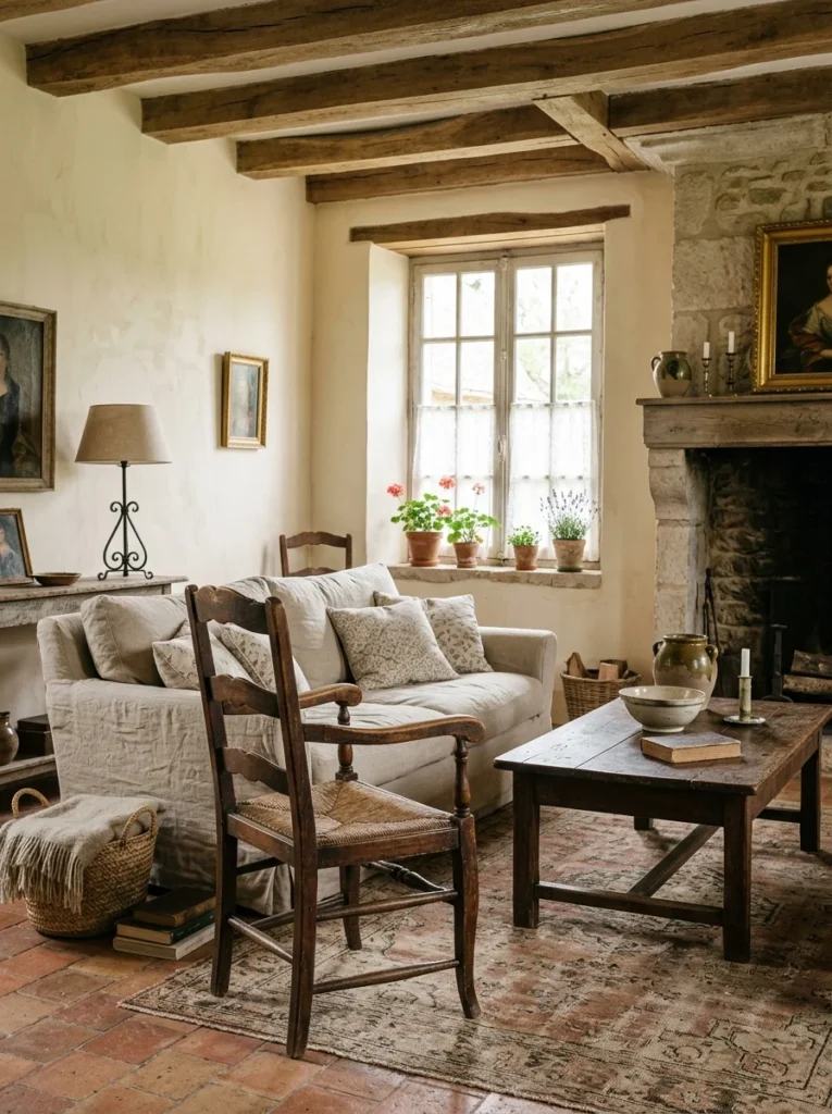 French country living room illuminated by candles and warm low evening lighting.