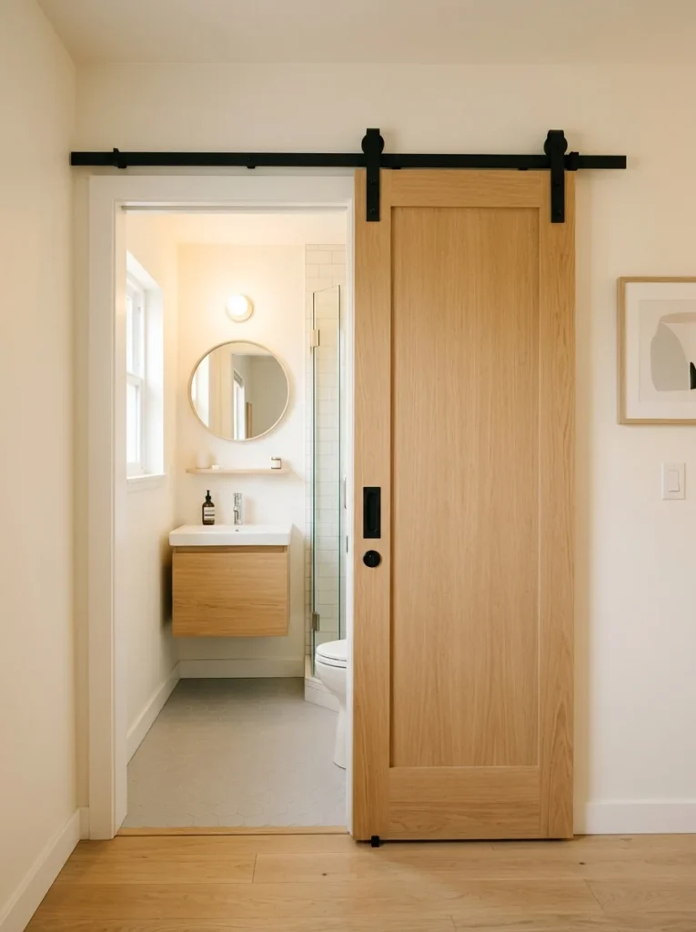 Sliding bathroom door saving valuable floor space in a compact apartment.