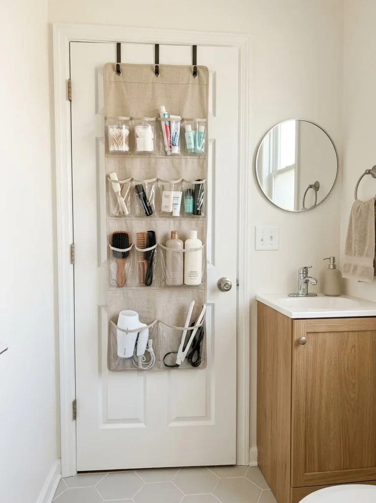 Over-the-door organizer storing toiletries and hair tools in a small apartment bathroom.