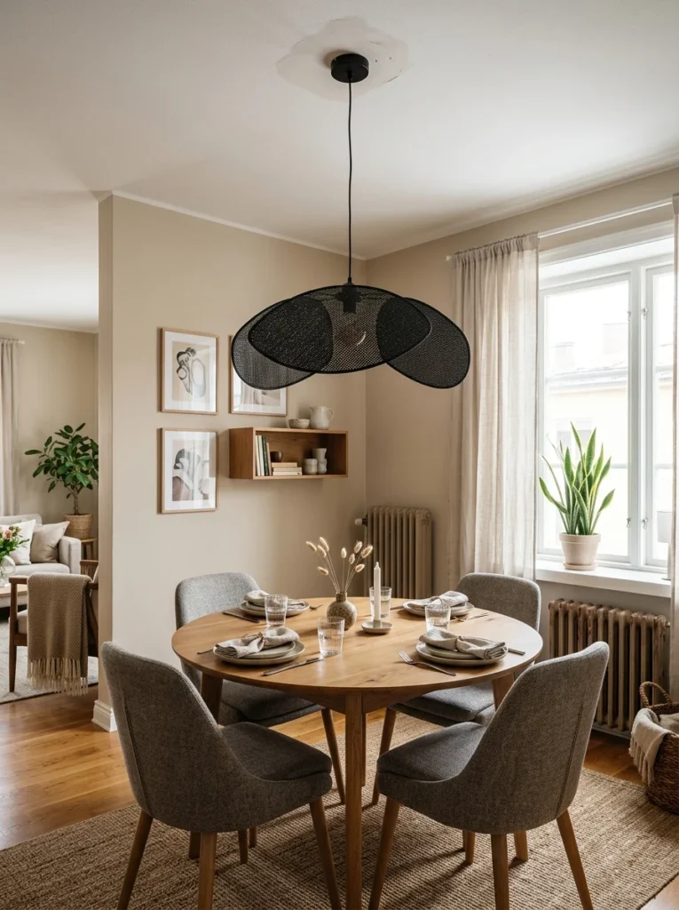 Statement pendant light adding style to a rental apartment ceiling.