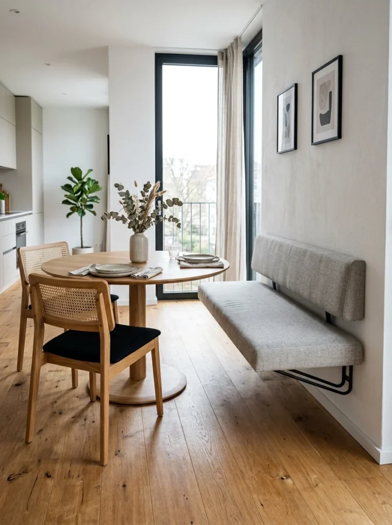 : Floating banquette bench with black hairpin legs.