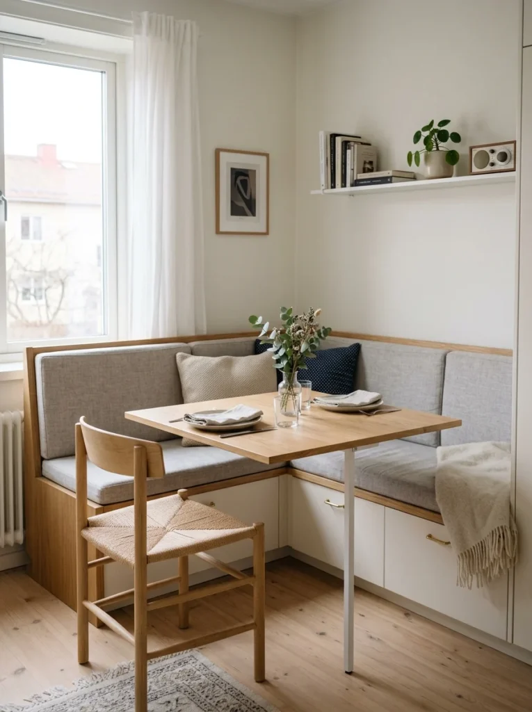 Picture-frame wall molding behind banquette seating.