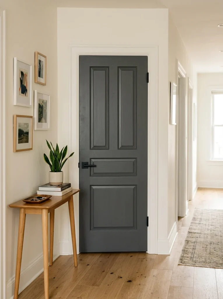 Old apartment interior door updated with charcoal paint and black hardware.