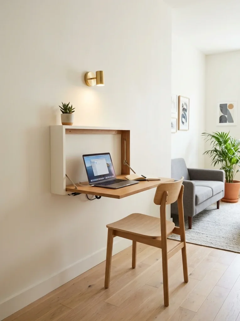 Wall-mounted fold-down desk creating a compact home office in a studio apartment.