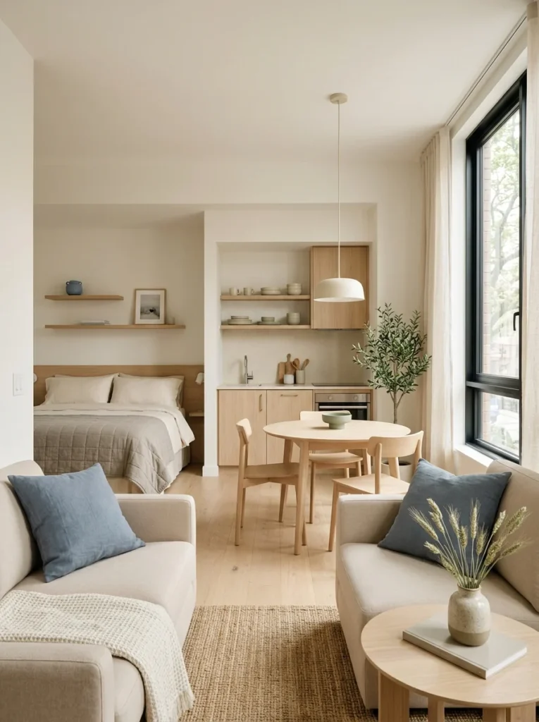 Light neutral color palette creating a cohesive and spacious feel in a small studio apartment.