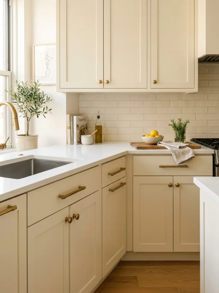 Apartment kitchen cabinets upgraded with brushed brass hardware.