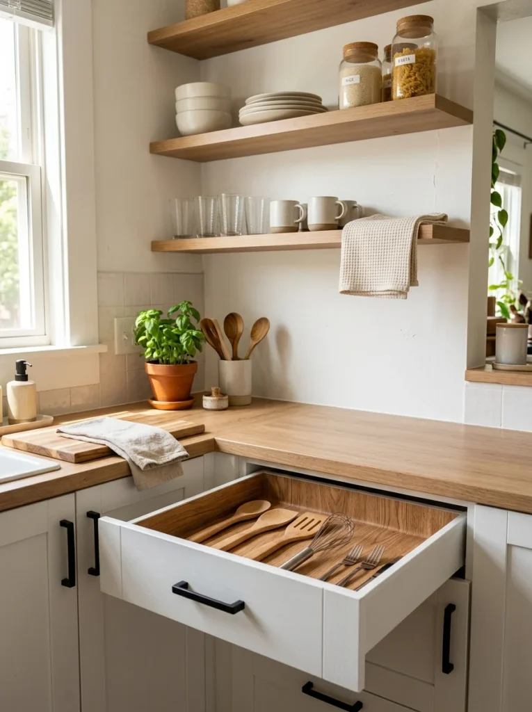 Kitchen drawers and open shelves updated with wood-grain contact paper.