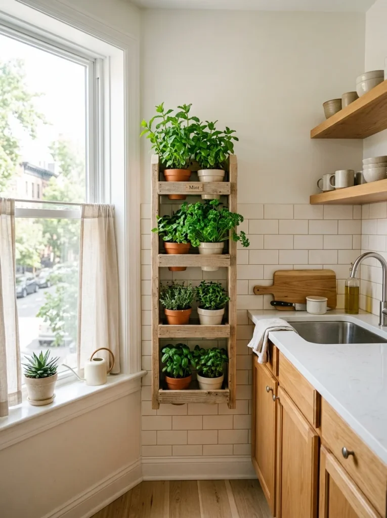 Wall-mounted vertical herb garden adding greenery without using kitchen counter space.