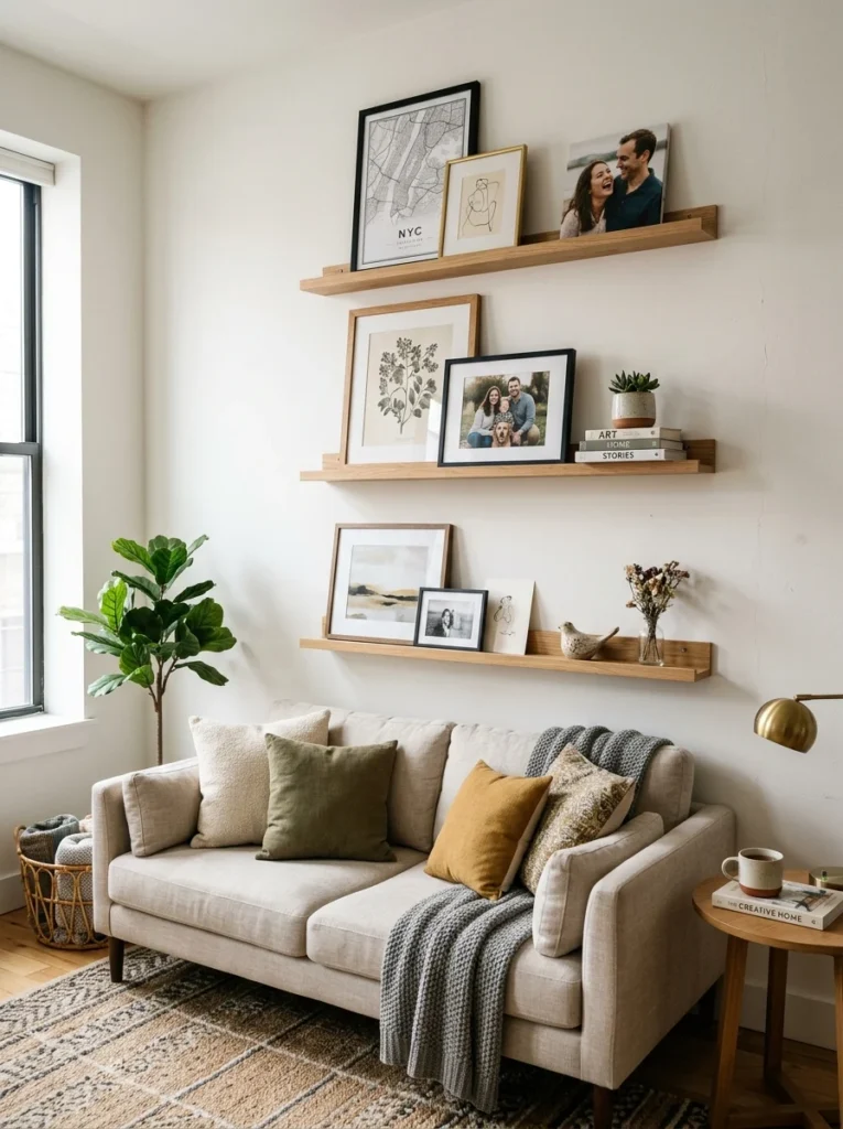 Picture ledges creating a flexible gallery wall in a rental apartment.