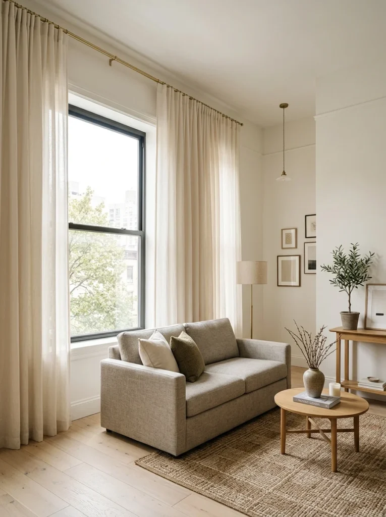 Floor-length curtains mounted above the window to make a small apartment ceiling appear taller.