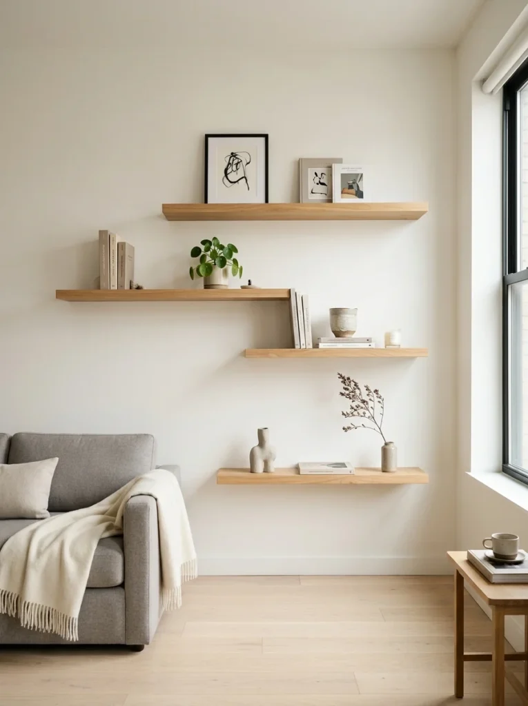 Wall-mounted floating shelves saving floor space in a small apartment living room.
