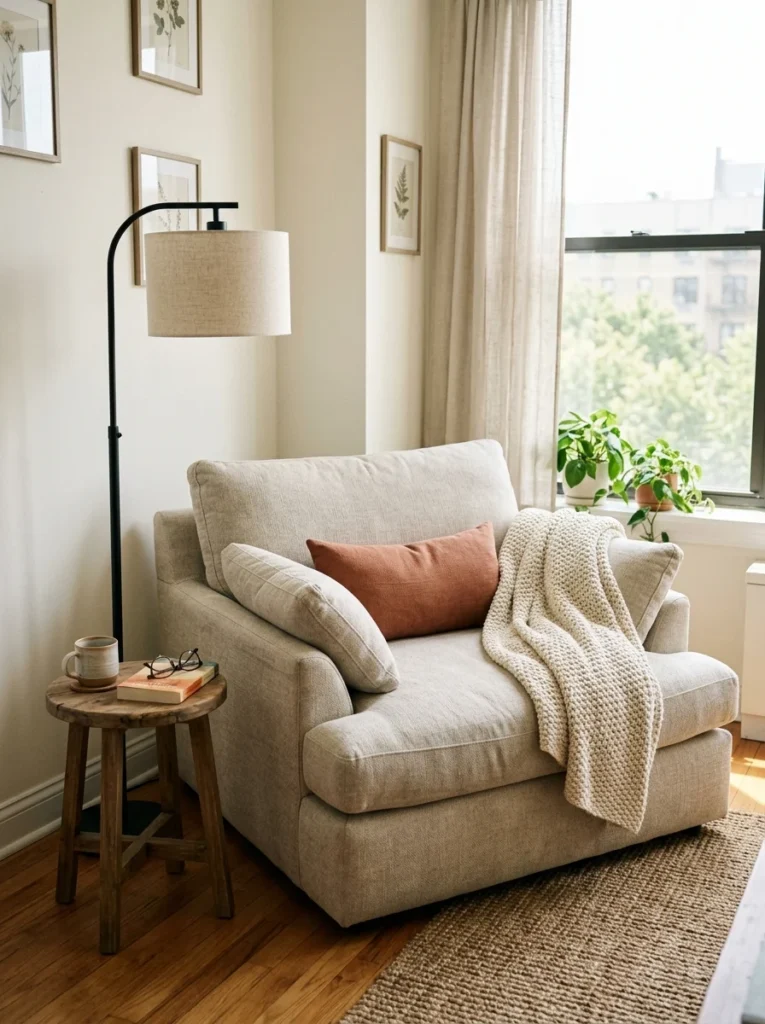 Extra-deep lounge chair designed for curling up comfortably in a cozy corner.