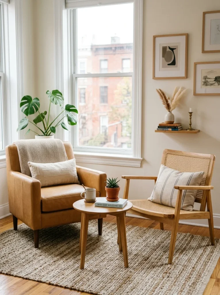 Two different accent chairs creating an intimate conversation area without a sofa.