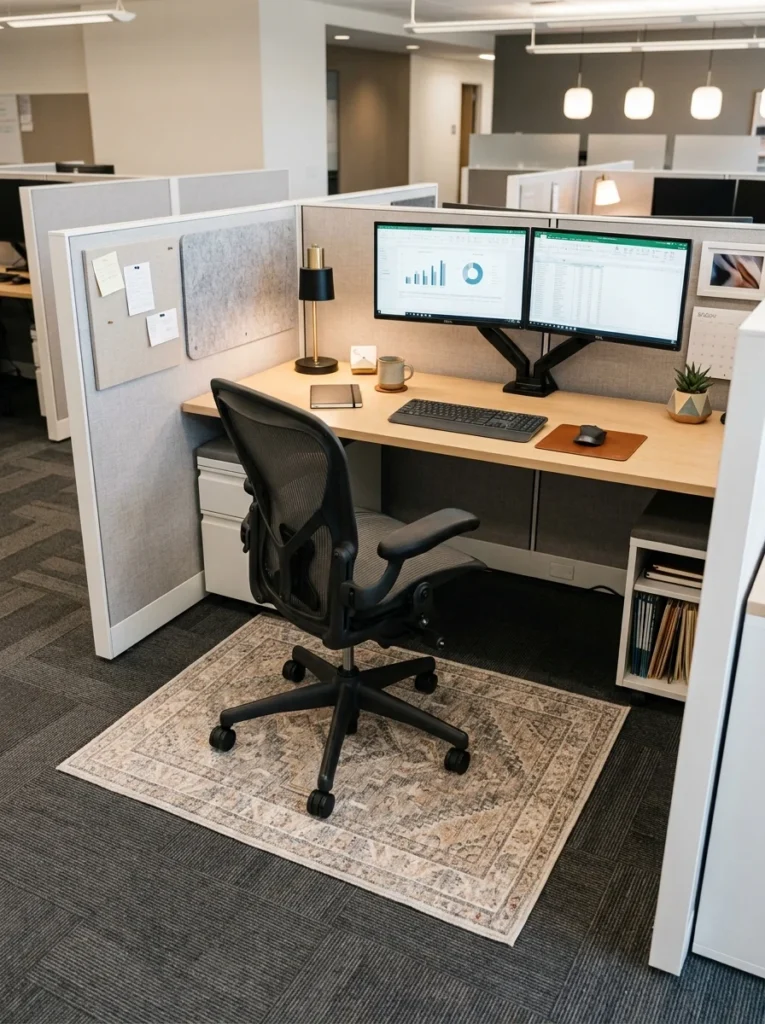 Small patterned rug under an office chair adding warmth and color to a cubicle workspace.