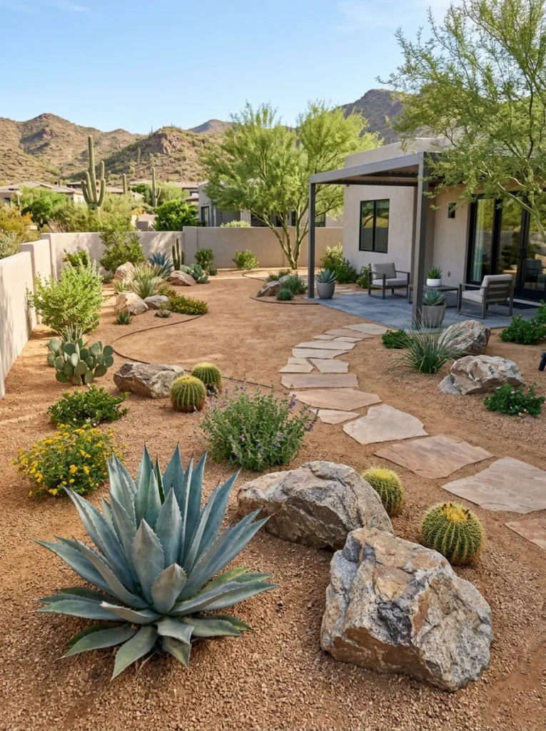 Desert backyard using warm decomposed granite instead of a traditional grass lawn.