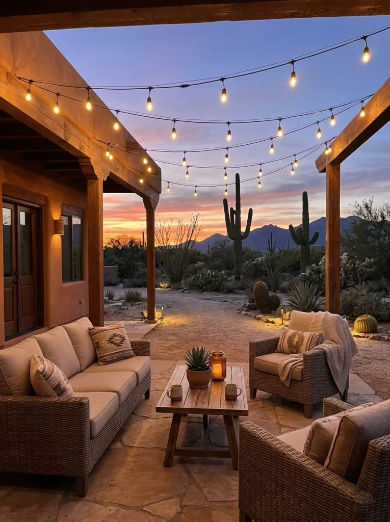 : Warm string lights creating a cozy atmosphere over a desert backyard patio.