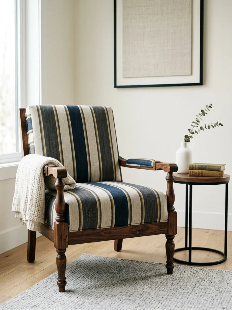 Vintage wooden chair refreshed with bold striped upholstery.