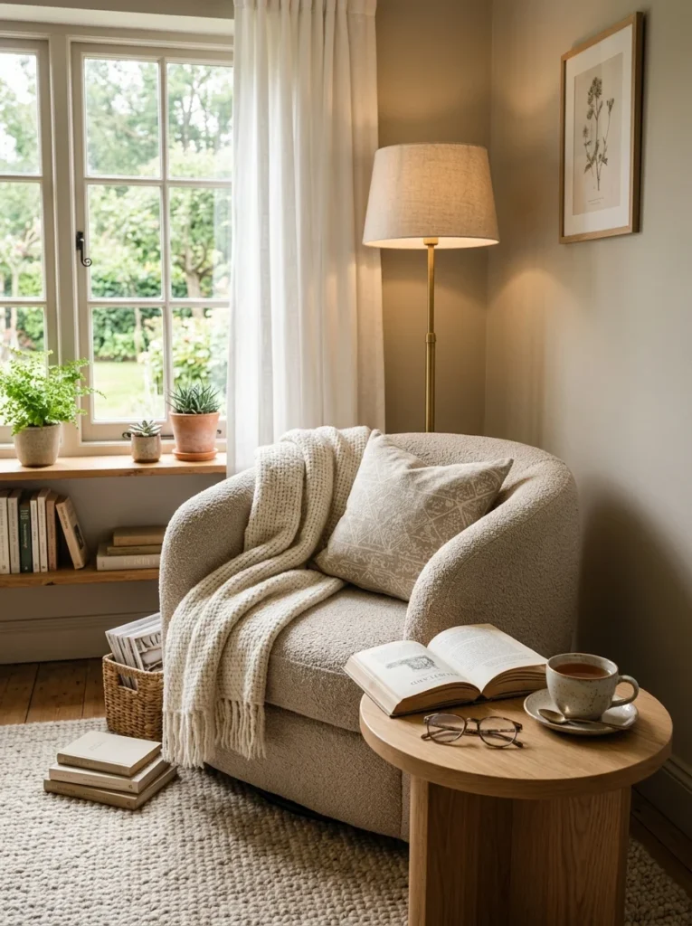 Round accent table paired with a curved armchair in a cozy reading corner.