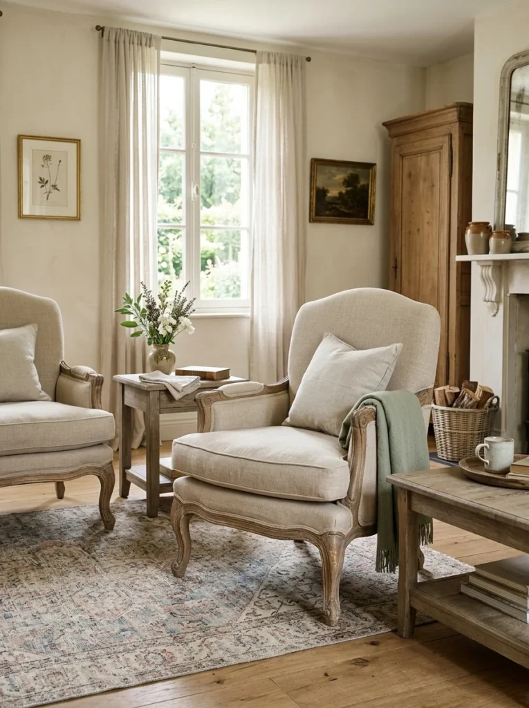 French country armchairs featuring traditional curved and carved wooden legs.