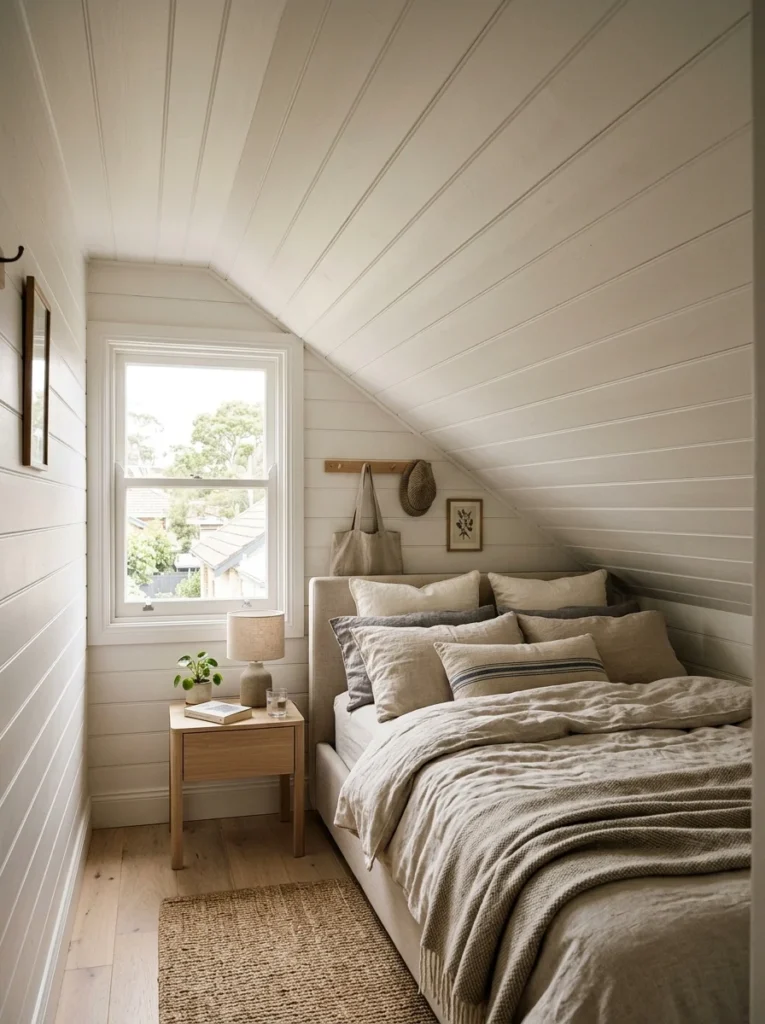 White shiplap covering a sloped attic bedroom ceiling and making the compact space feel wider.
