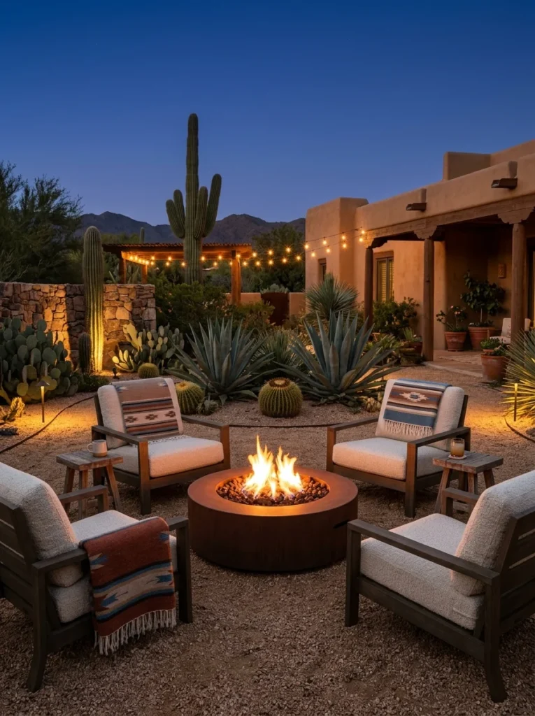 Modern gas fire pit surrounded by seating in an Arizona desert backyard.