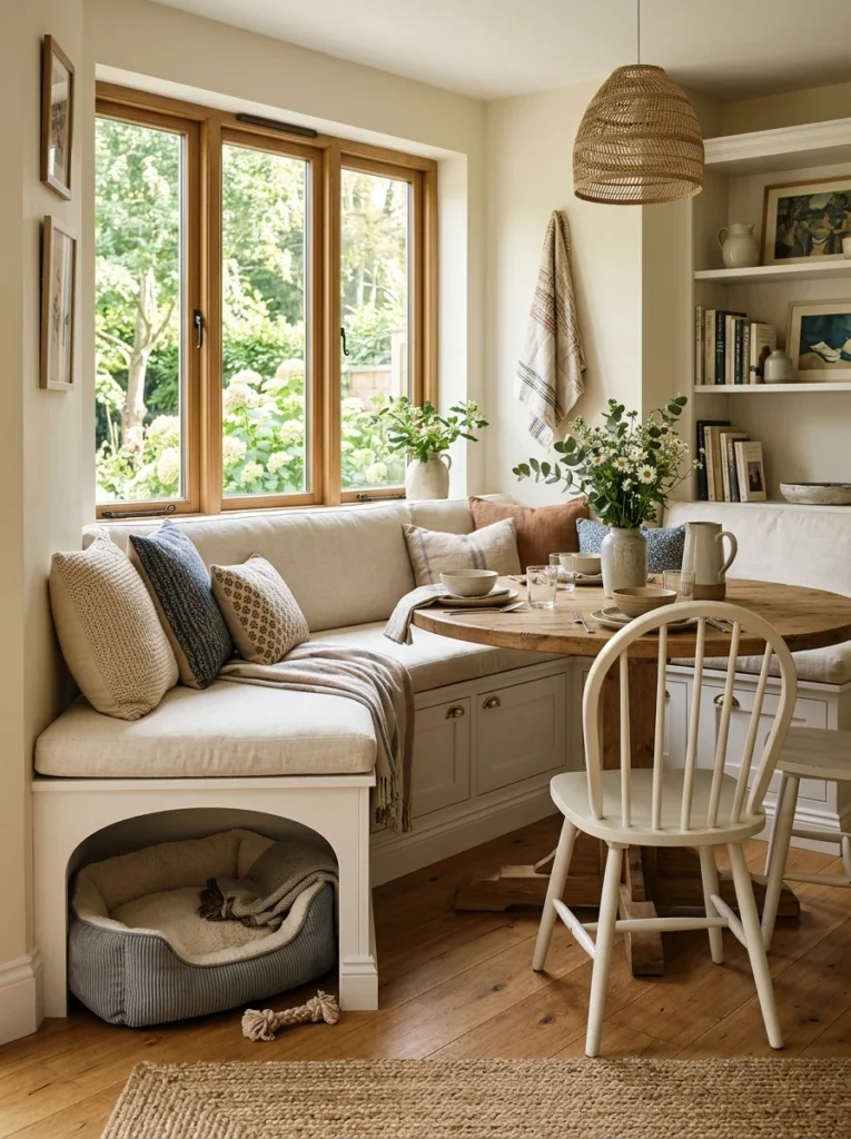 Banquette with built-in pet bed underneath.