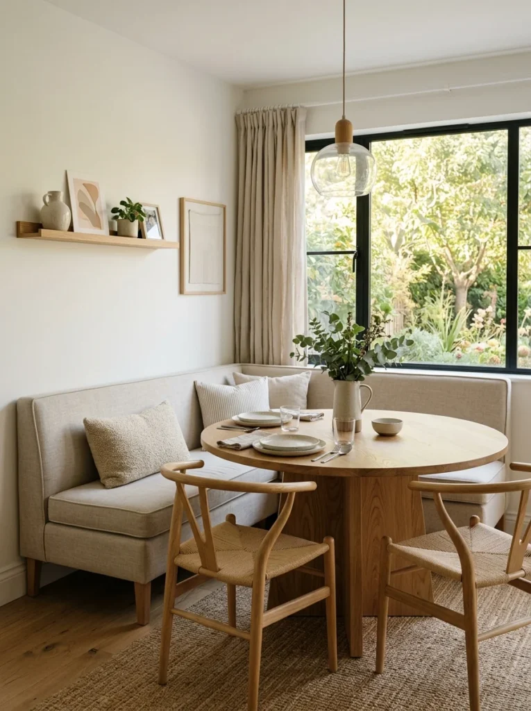 Banquette paired with a round pedestal dining table.