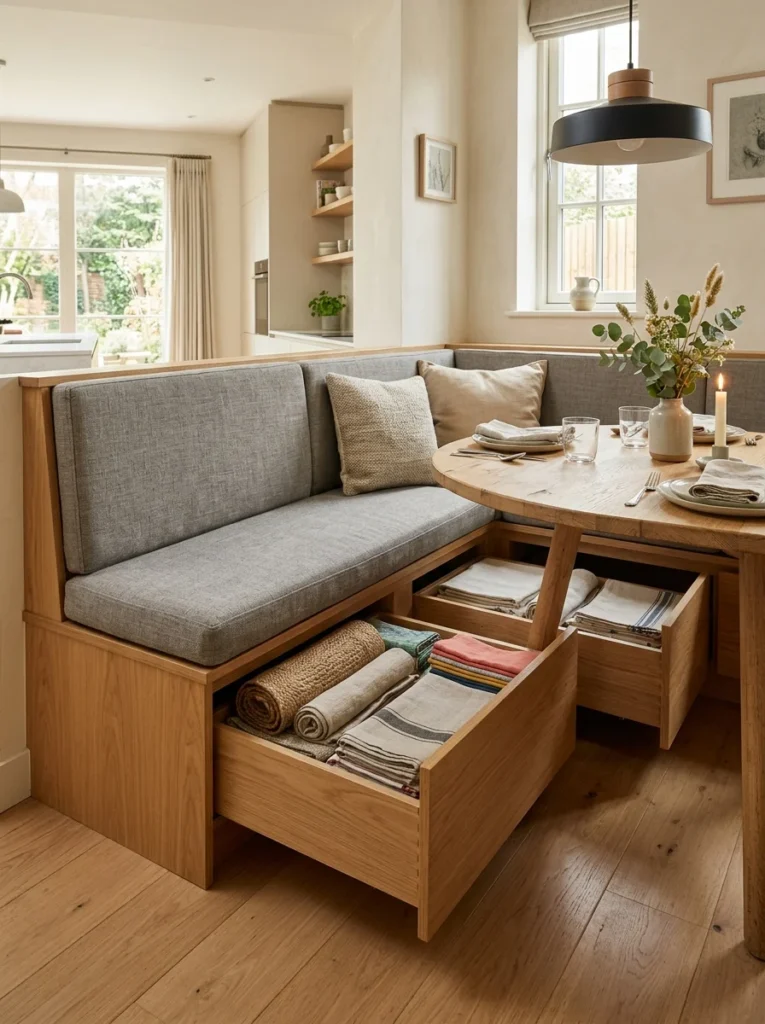 Banquette with built-in under-seat storage drawers.