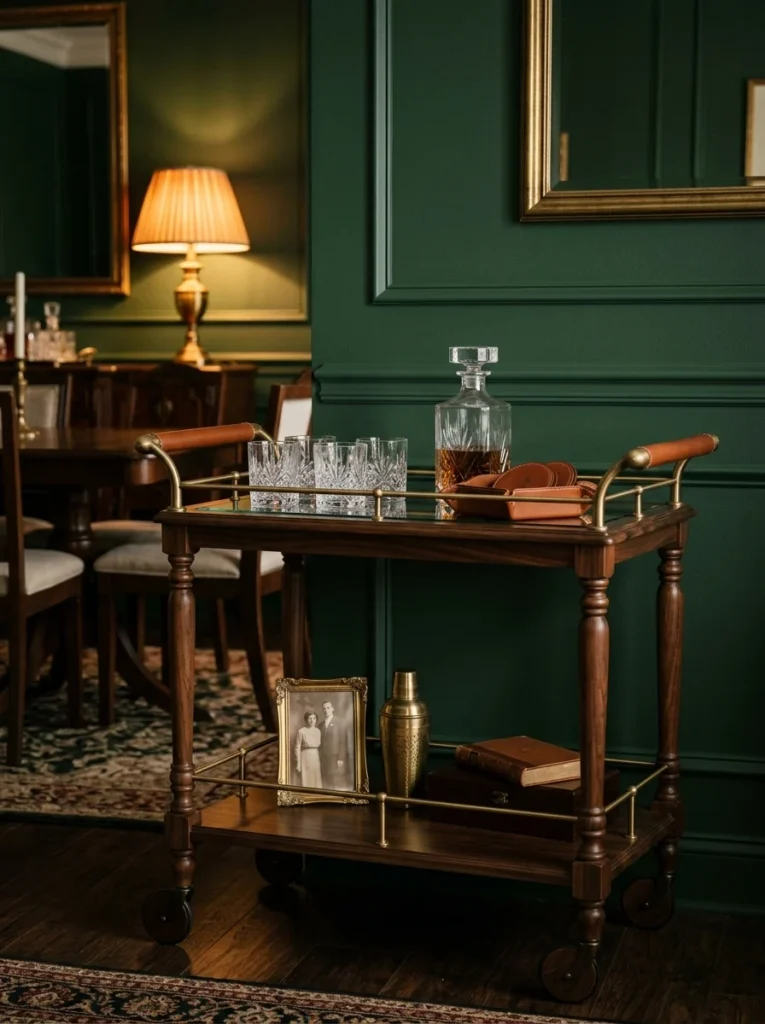 Traditional bar cart with brass hardware, leather details, crystal glassware, and dark wood accents.